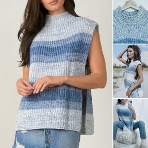 Elan Striped Sweater Sleeveless Open on The Sides Slightly Oversize Blue Stretch